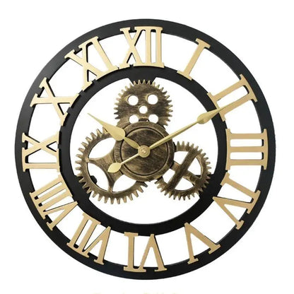 Large metal wall clock - Chronis features a black outer ring, gold Roman numerals, and decorative antiqued-brass gears, showcasing a steampunk style with gold hands, perfect for industrial-themed interiors.