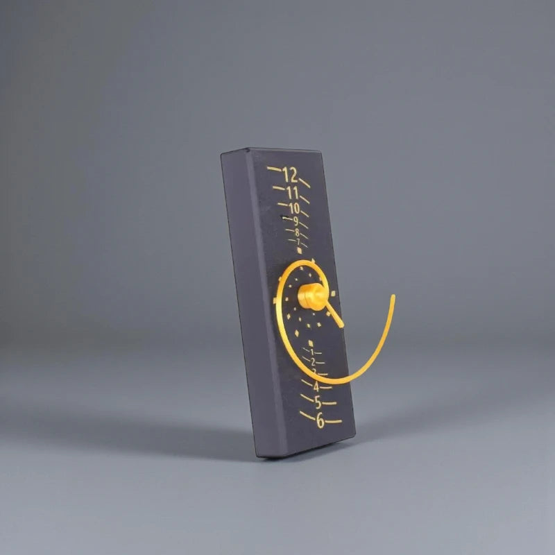 Fibonacci Wall Clock - Morston: A 3D-rendered abstract gauge with a matte-dark block, dual numeral scales, gold knob, and yellow arm, showcasing the artistic blend of form and mathematical elegance.