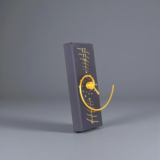 Fibonacci Wall Clock - Morston: A 3D-rendered abstract gauge with a matte-dark block, dual numeral scales, gold knob, and yellow arm, showcasing the artistic blend of form and mathematical elegance.