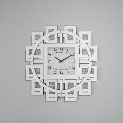 Decorative mirror wall clock - Stratton, featuring a square face with Roman numerals, slim hands, and a circular mirrored frame with geometric panels, adding a modern, glamorous touch to interiors.