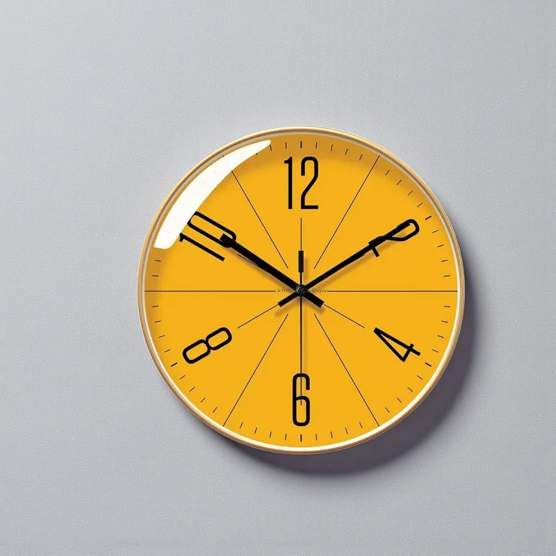 Nordic wall clock - Branley with a bright yellow face, black hands, and minimalist numerals radiating outward, mounted on a wall, exemplifying Nordic-inspired creativity and silent movement ideal for living spaces.