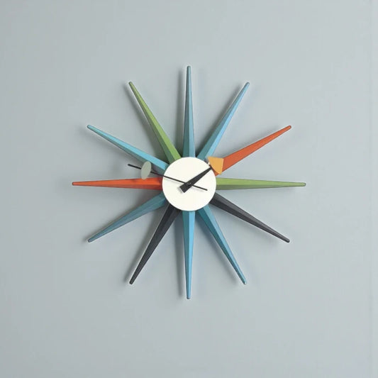 Rovell, featuring a round face with radiating narrow spokes, embodies mid-century modern design enhancing any room with its classic, timeless style.