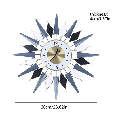 Big Decorative Wall Clocks - Denley: Mid-century wall clock featuring a white round face encircled by gray, black, and white metal rays in a striking design, 60 cm diameter.