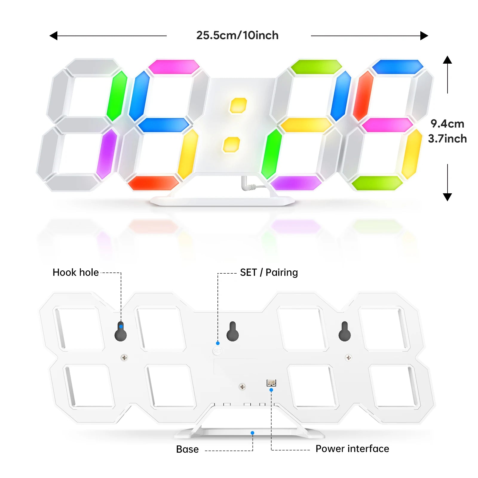 3D Digital Clock - Elmsdon featuring a vibrant RGB display, dimensions of 25.5x9.4 cm, with wall-mount hook holes, SET/Pairing button, power interface, and base stand for versatile placement.