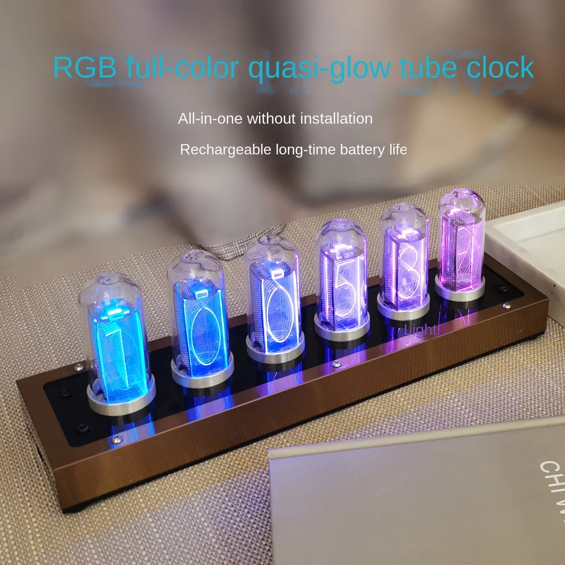 Turquoise blue airplane flip clock on minimalist white bookshelf