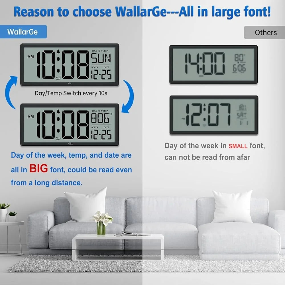 DST Clock - Devrow: A large, easy-to-read digital wall clock displaying day, date, and temperature prominently. Ideal for effortless timekeeping with automatic DST adjustments.