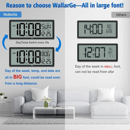 DST Clock - Devrow: A large, easy-to-read digital wall clock displaying day, date, and temperature prominently. Ideal for effortless timekeeping with automatic DST adjustments.
