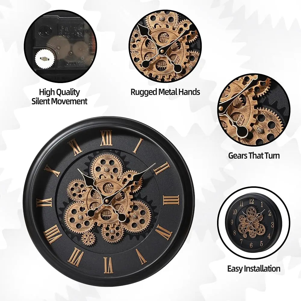 Oversized Wall Clock - Kairos: A steampunk-inspired clock with a matte-black face, bronze Roman numerals, rotating gears, silent movement, rugged metal hands, and easy installation, perfect for adding visual interest.