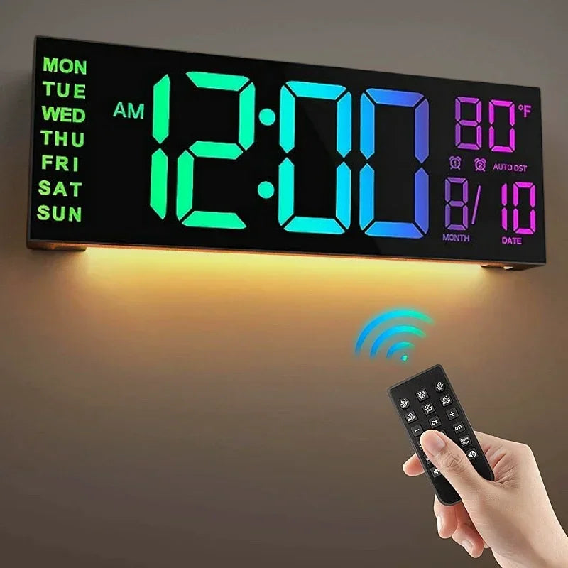 Large digital wall clock - Eldon with LED display shows time, date, and temperature. Features a color-changing accent light, controlled via a remote, ideal for large spaces.