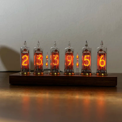Nixie tube clock - Hartley: A vintage-style clock with six glowing Nixie tubes on a wooden base, displaying 23:39:56, combining Soviet-era tech with modern design for a unique timepiece.