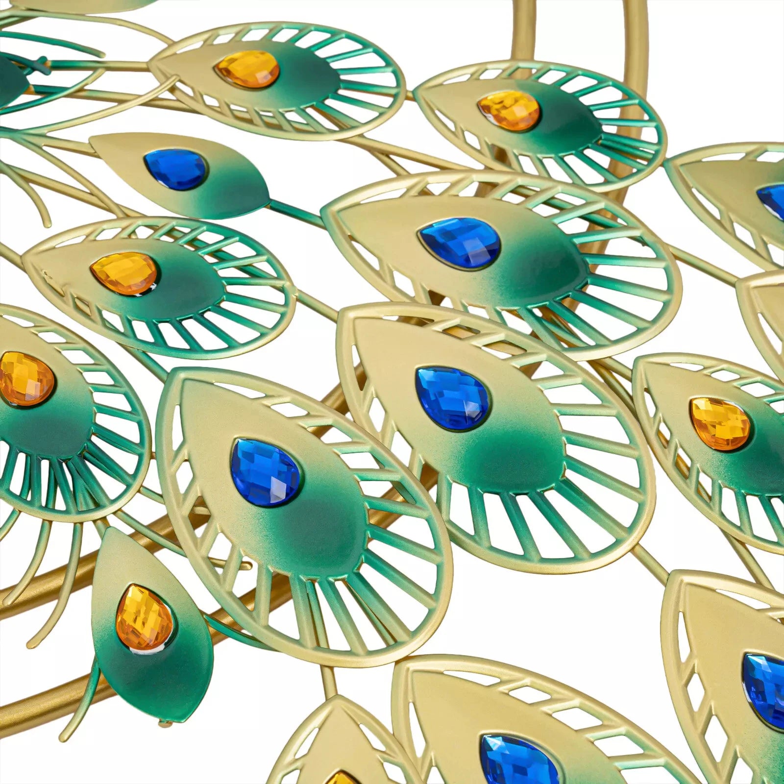 Peacock wall clock - Wexley: An ornate metal sculpture with stylized feather shapes, featuring alternating blue and amber gems, finished in a green-to-gold gradient, embodying luxury and artistry.