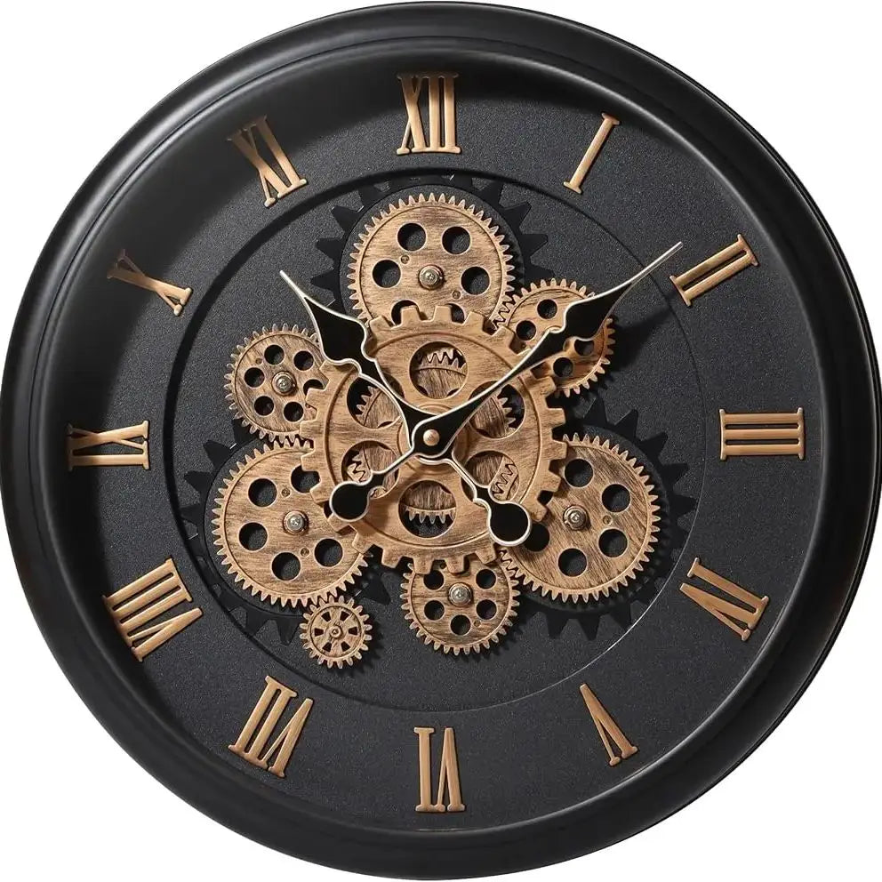 Oversized Wall Clock - Kairos features a steampunk design with a black face, gold Roman numerals, and exposed brass gears. Its distressed black metal frame and moving mechanism add visual intrigue.