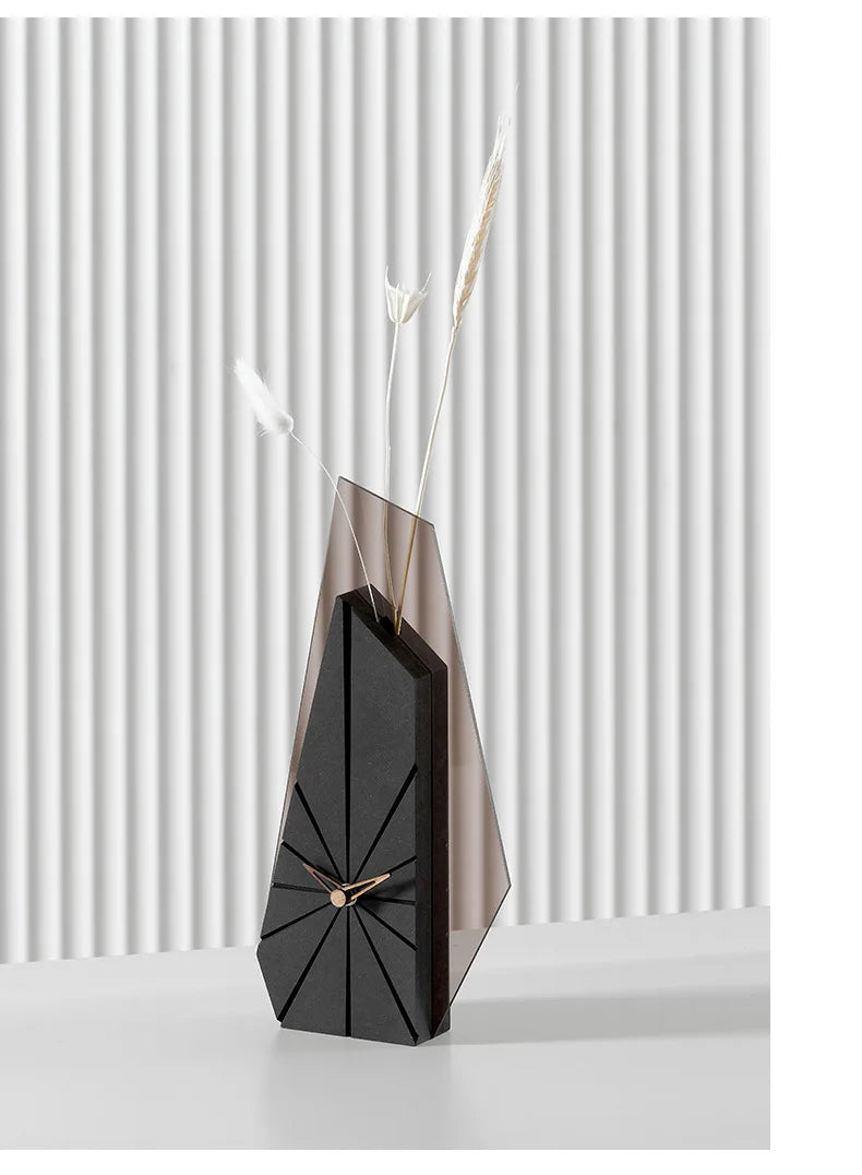 Geometric clock as focal point on minimalist white desk in home office