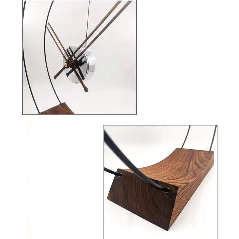 Design table clock - Bexley features a minimalist clock movement suspended between thin metal arcs on a curved wooden base, embodying contemporary elegance and sophistication for any space.