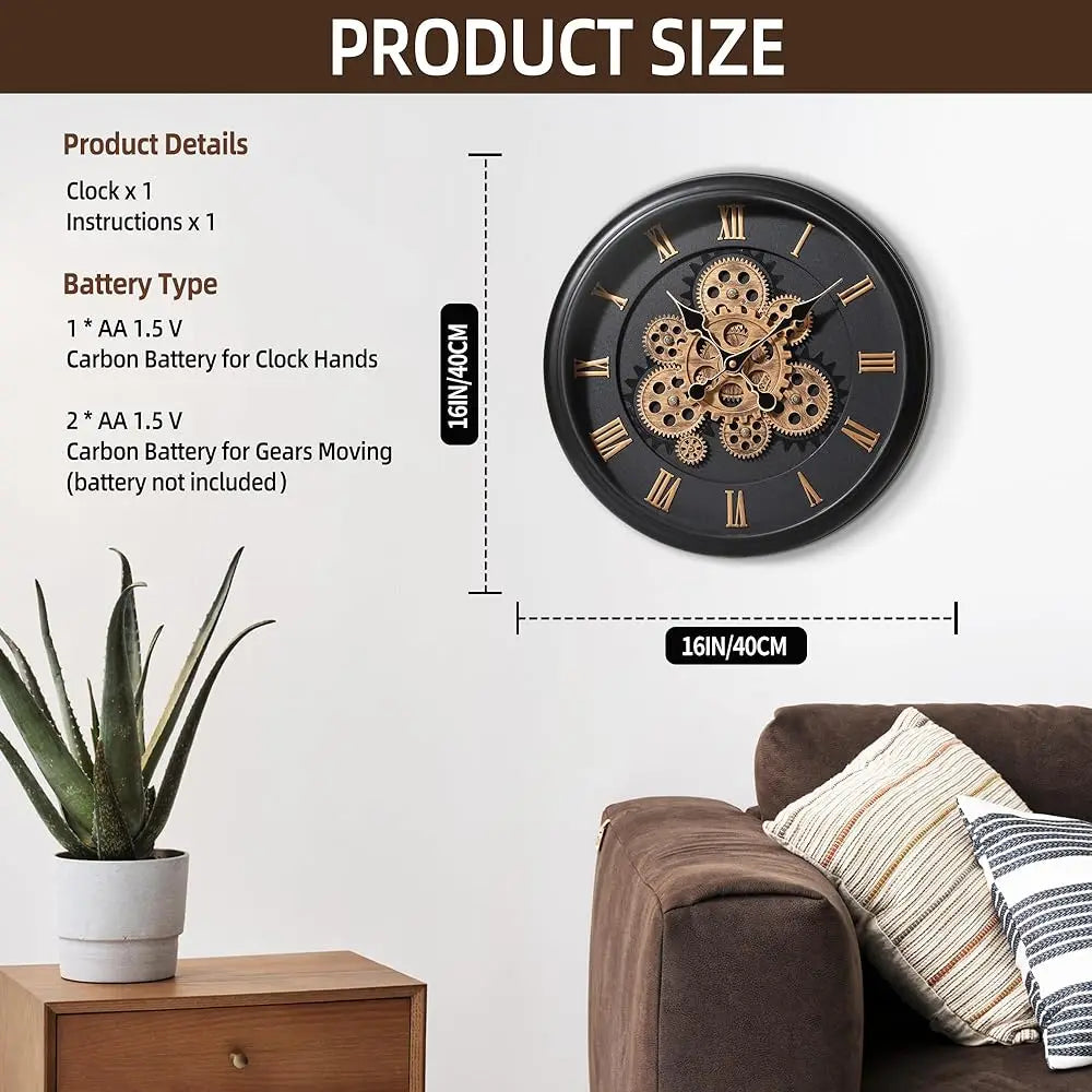 Oversized Wall Clock - Kairos features a 16 steampunk design with exposed gears. Includes clock and instructions; requires 3 AA batteries. Perfect above a side table, enhancing any room's aesthetic.
