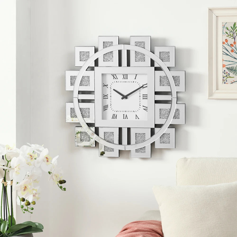 Decorative mirror wall clock - Stratton features a square face with Roman numerals, surrounded by mirrored squares, adding a modern, glamorous touch to any room.