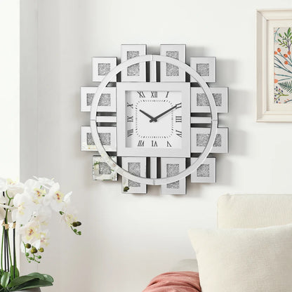 Decorative mirror wall clock - Stratton features a square face with Roman numerals, surrounded by mirrored squares, adding a modern, glamorous touch to any room.