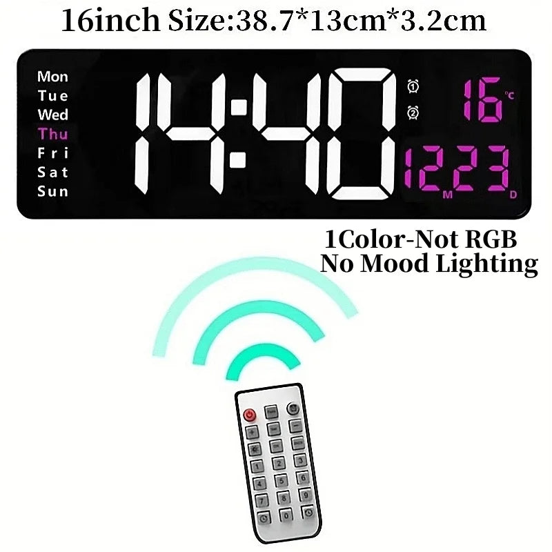 Large digital wall clock - Eldon displays 14:40, highlights Thursday, shows 16°C, and date 12·23. Includes a remote control for settings. Ideal for spacious areas, reflecting The Horologista's focus on clocks.