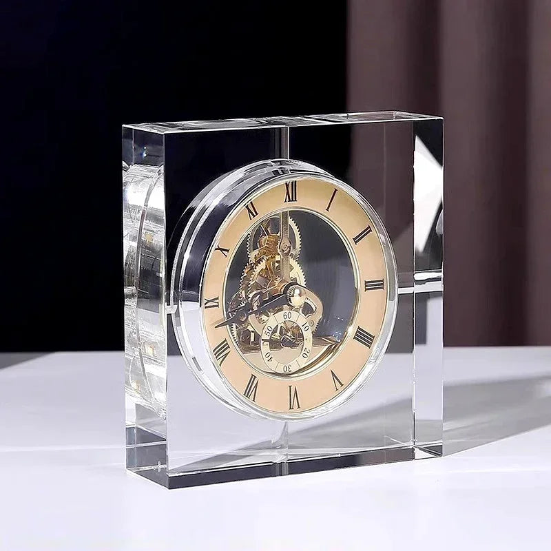 Crystal tabletop clock - Dunley: A freestanding skeleton clock in clear beveled glass, showcasing exposed brass gears and Roman numeral dial, exemplifying modern elegance for desks or mantels.
