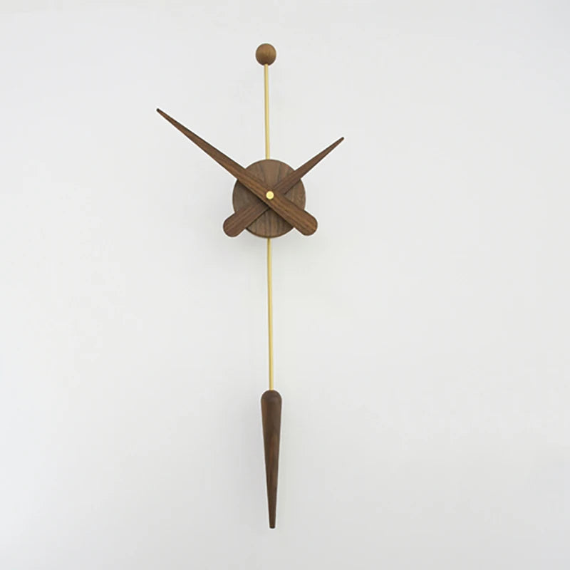 Mid century modern wall clock - Ellroy: A minimalist design featuring a 45-inch walnut baton, wooden clock face, brass rod, and wooden pendulum, embodying The Horologista's sculptural simplicity.