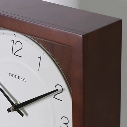 Japanese wall Clock - Lexton featuring a square, dark wood frame and white face marked DODEKA, with sleek black hands at 2:10, epitomizing minimalist Japanese elegance.