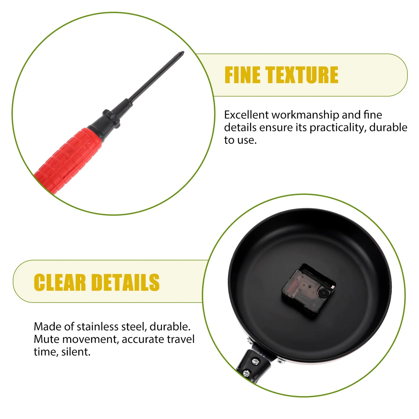 Frying Pan Wall Clock - Ashford features a silent quartz movement in a pan-shaped housing, highlighted by a red-handled screwdriver for adjustments, showcasing fine craftsmanship for culinary-themed decor.