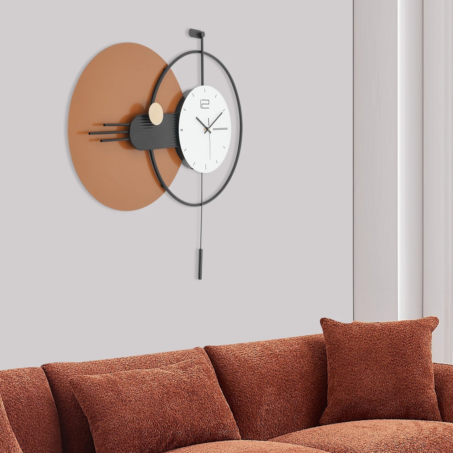 Big Wall Clock Modern - Darrington: A sleek, oversized clock with minimalist hands and numerals, black metal accents, and a rust-orange circular backplate, perfect for contemporary living-room settings.