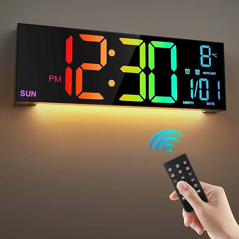 Large digital wall clock - Eldon with jumbo LED display shows time, day, month, temperature, and features a warm backlight. A remote control is included for easy adjustments.