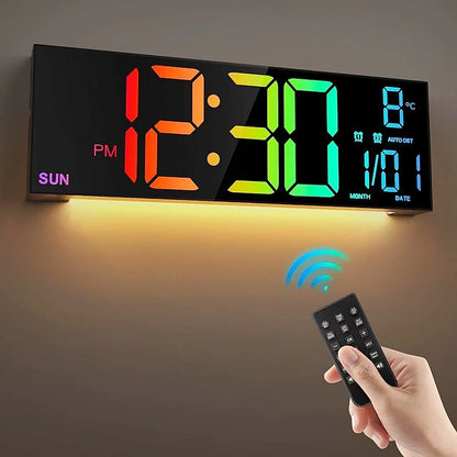 Large digital wall clock - Eldon with jumbo LED display shows time, day, month, temperature, and features a warm backlight. A remote control is included for easy adjustments.