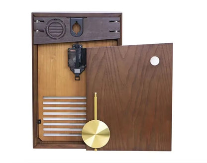 Japanese Wall Clock - Lexton: Exposed wooden case with quartz movement, chime soundboard, metal chime bars, and brass pendulum, showcasing minimalist beauty and traditional design elements.
