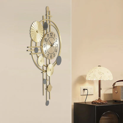 Oversized wall clock modern - Ashford: A stylish gold-tone wall clock with intersecting rods and concentric rings, featuring floating black numerals and silent brass hands, integrates artfully into the decor.