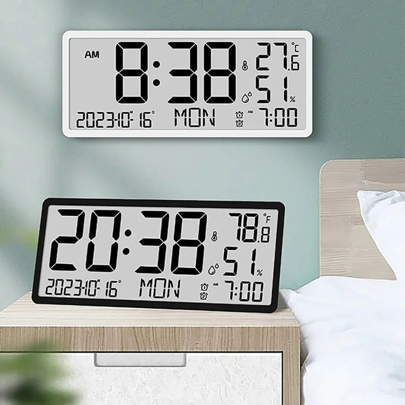 White Digital Clock - Carradon displayed in two styles: wall-mounted in white, bedside in black. Shows time, date, day, temperature, humidity, and alarm, perfect for modern bedroom settings.
