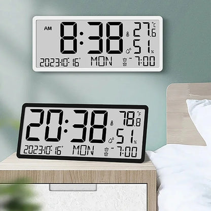 White Digital Clock - Carradon displayed in two styles: wall-mounted in white, bedside in black. Shows time, date, day, temperature, humidity, and alarm, perfect for modern bedroom settings.