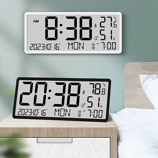 White Digital Clock - Carradon displayed in two styles: wall-mounted in white, bedside in black. Shows time, date, day, temperature, humidity, and alarm, perfect for modern bedroom settings.