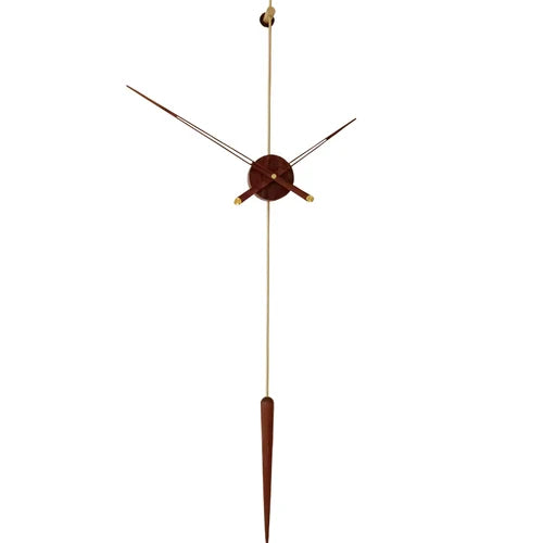 Mid century modern wall clock - Ellroy A minimalist clock by The Horologista featuring a walnut central hub, slender floating hands, and a striking pendulum, embodying sculptural elegance without a traditional dial.