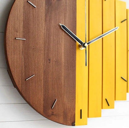 Modern wood wall clock - Clevor with half natural wood finish and half yellow slatted design, featuring sleek metal hour markers and hands, crafted for large spaces and curated interiors.