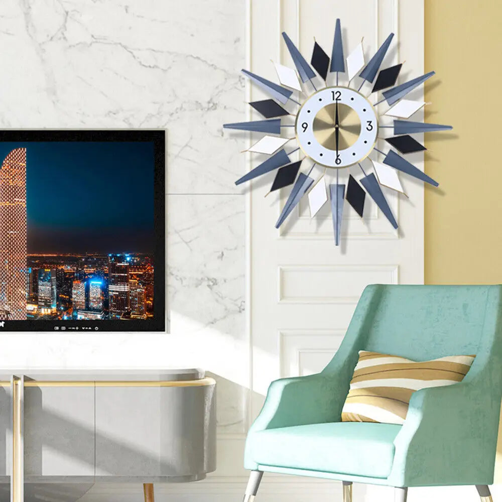 Big Decorative Wall Clocks - Denley: A striking wall clock with alternating blue, black, and white rays, perfect for adding mid-century flair to your modern living-room or office space.