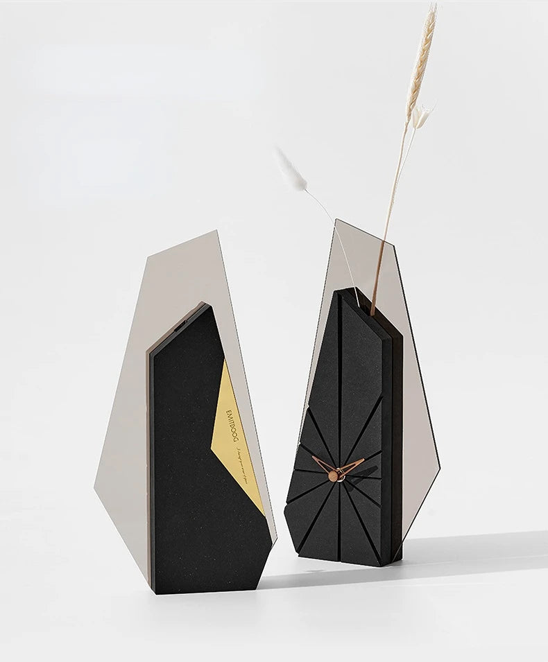 Geometric clock on bedroom nightstand beside lamp in contemporary setting