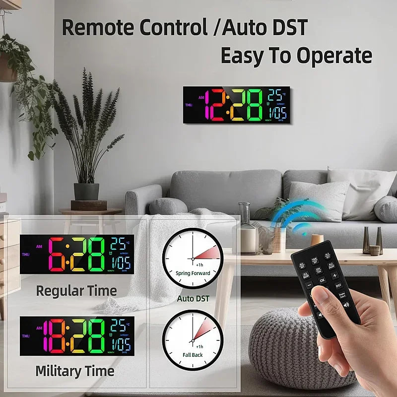 Large digital wall clock - Eldon displayed in a modern living room, featuring bold LED numbers, remote control functionality, and automatic Daylight Saving Time adjustment, highlighting both 12-hour and 24-hour modes.