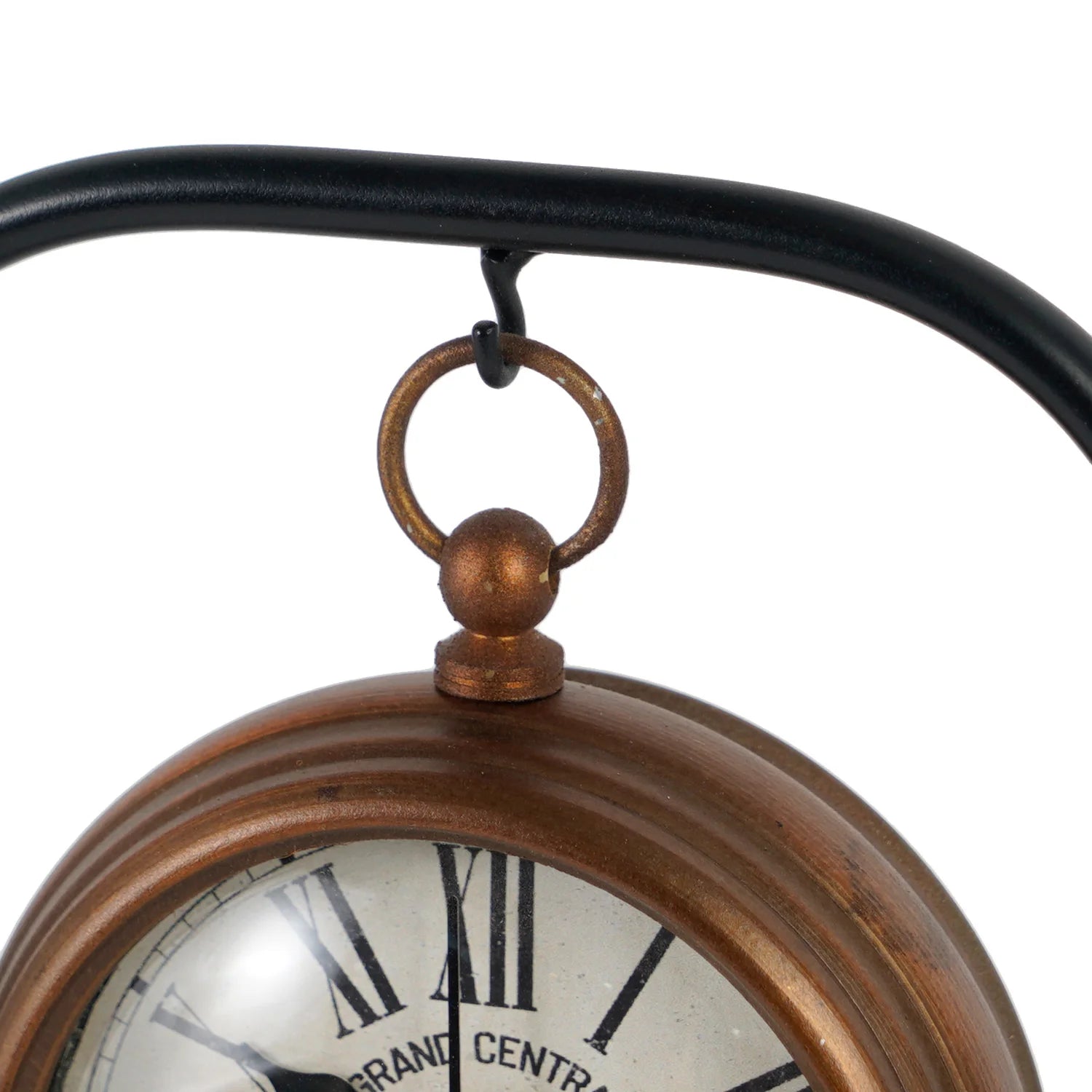 Retro Table Clock - Kelros: A vintage-style hanging clock with a bronze-toned case and Roman numeral face, suspended by a black hook, capturing mid-century elegance for any bedroom or desk.