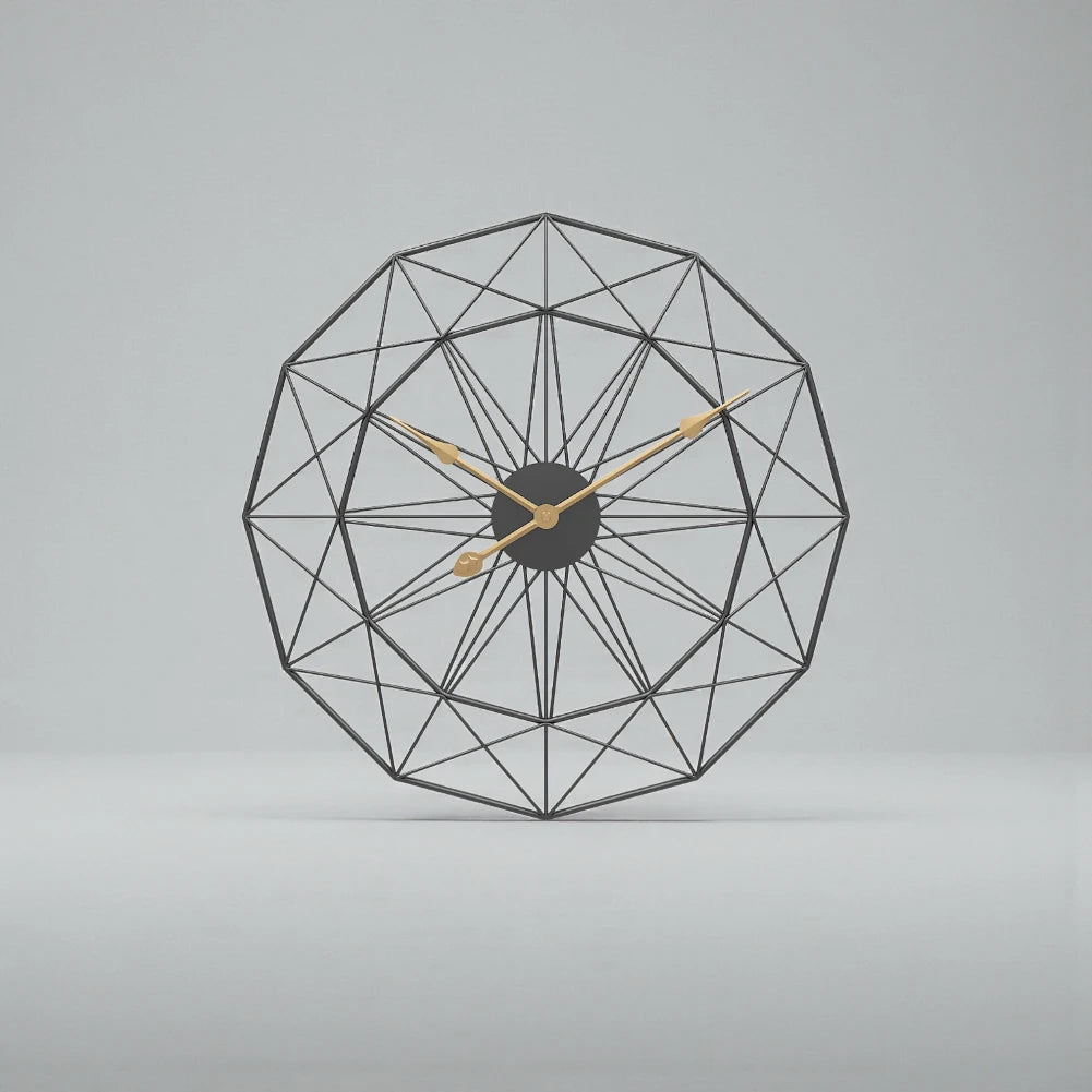 Modern Style Wall Clock - Blenford showcases a geometric black wire-frame forming interlocking triangles, centered with a black hub and three gold hands, epitomizing minimalist elegance and creative design.