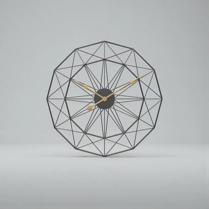 Modern Style Wall Clock - Blenford showcases a geometric black wire-frame forming interlocking triangles, centered with a black hub and three gold hands, epitomizing minimalist elegance and creative design.