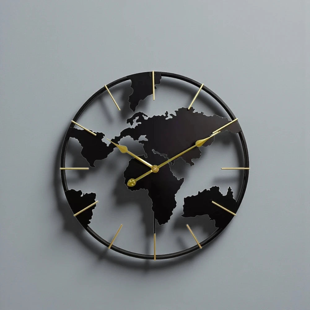 World Map Wall Clock - Claverton features a black metal frame with cut-out continents, gold clock hands, and hour markers, offering a modern yet vintage style for any room.