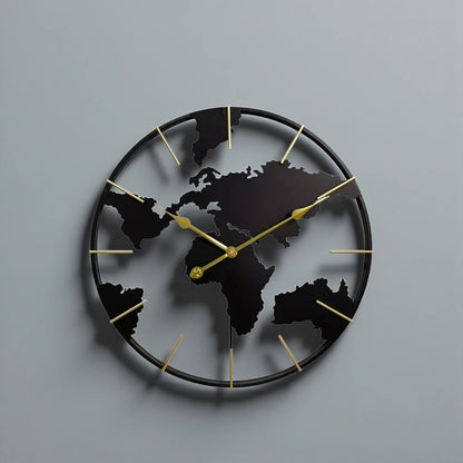 World Map Wall Clock - Claverton features a black metal frame with cut-out continents, gold clock hands, and hour markers, offering a modern yet vintage style for any room.