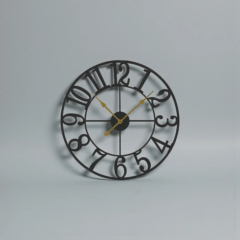 Oversized Wall Clock - Alderton features a distressed black metal frame, cut-out numerals, and gold hands on a light background. Visible 3D moving gears add dynamic visual interest.