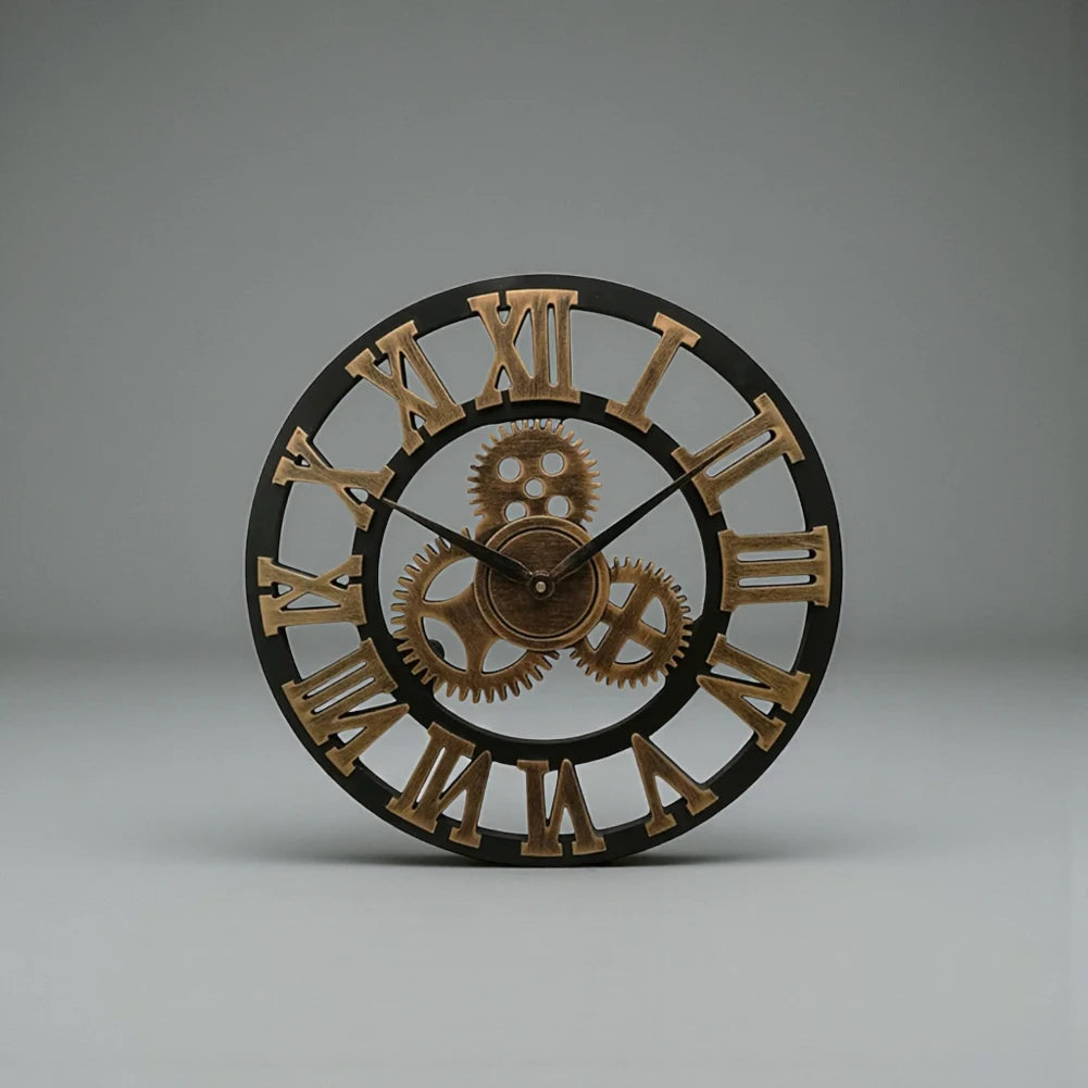 The Bevington Large Gear Wall Clock features an open-face design with antiqued-brass Roman numerals and visible moving gears, offering a steampunk aesthetic ideal for any industrial-themed space.