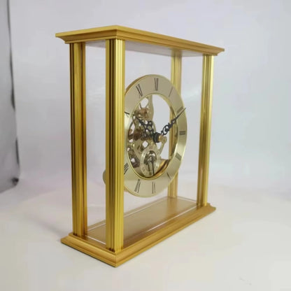 Brass table clock - Braven: A gold-tone brass skeleton clock with glass panels reveals intricate gears. The circular dial features Roman numerals and ornate black hands, adding timeless elegance to any mantel or desk.