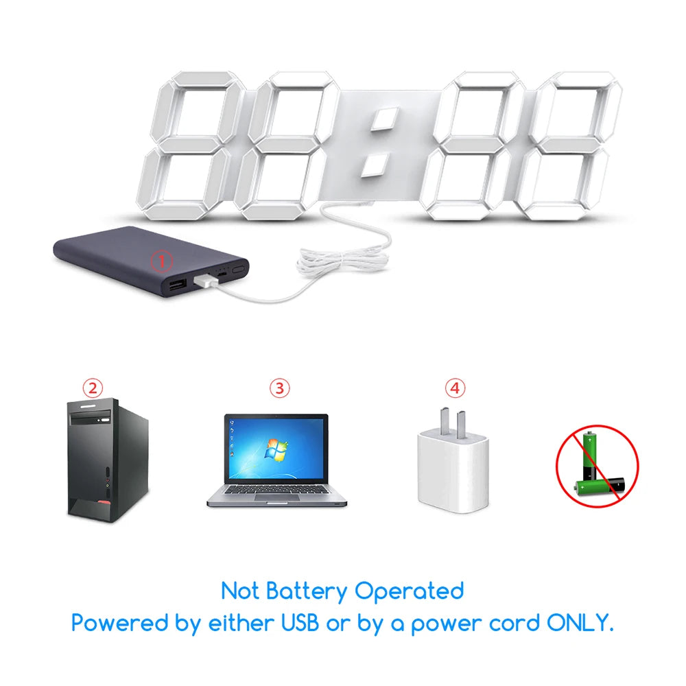 3D Digital Clock - Elmsdon with modern 3D digital display, USB power cable, and icons showing acceptable power sources: USB power bank, desktop PC, laptop, USB mains adapter. Not battery operated.
