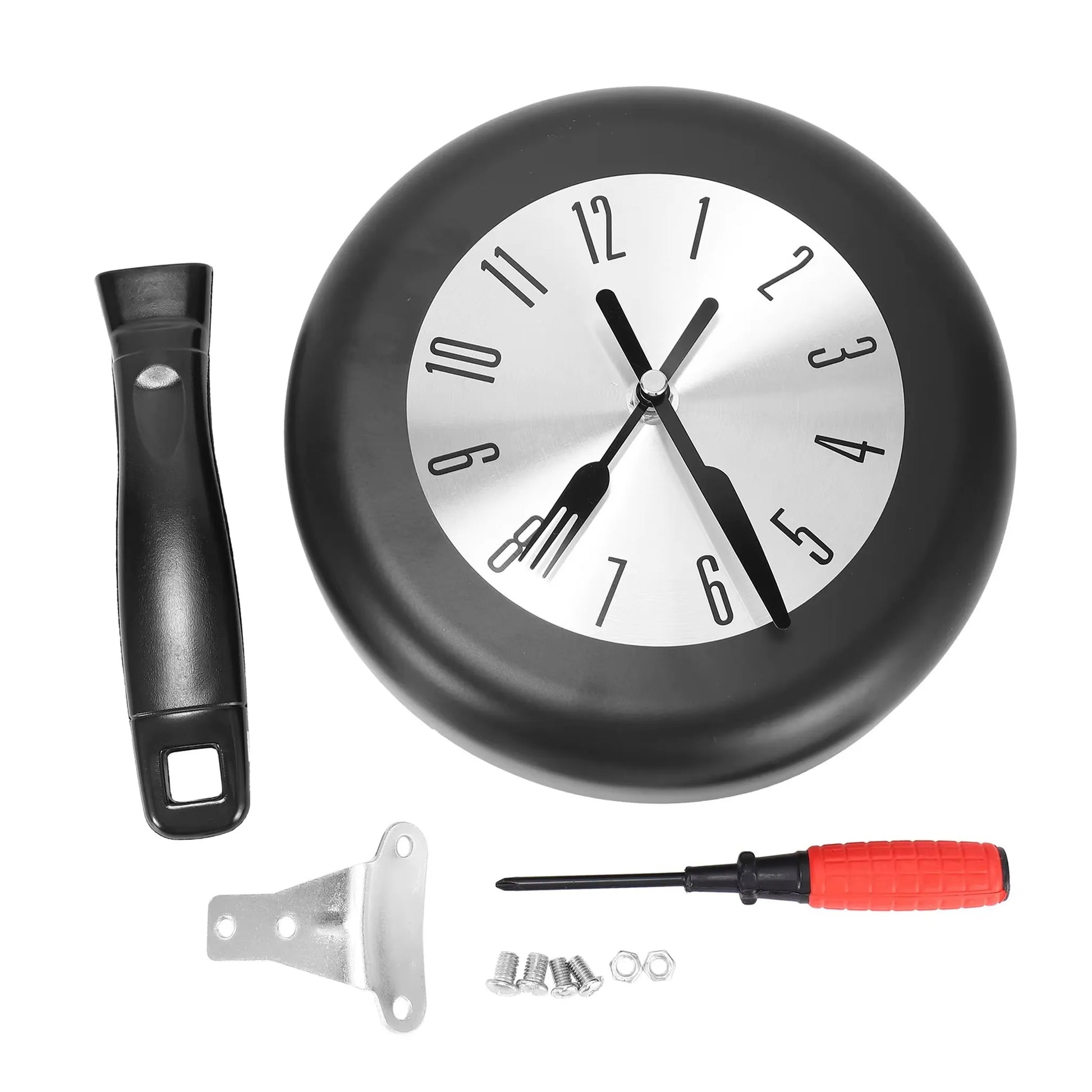 Frying Pan Wall Clock - Ashford: A playful clock styled as a pan with a silver dial and fork-and-knife hands, featuring a detachable handle and mounting kit, perfect for kitchen decor.