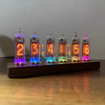 Nixie tube clock - Hartley: A mesmerizing vintage clock featuring six glowing glass tubes on a wooden base, showcasing the time 23:41:56 with neon accents, merging Soviet-era charm and modern design.